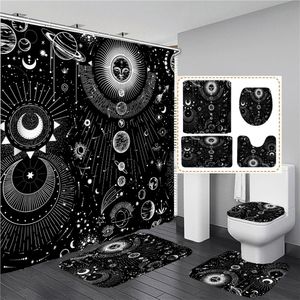 Black White Sun Moon starry Shower Curtain Set Bathroom NonSlip Bath Mat Toilet Lid Cover Polyester Waterproof 240328