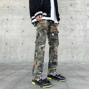 Men's Jeans Military design camouflage pants for men with damaged hand drawn side pockets Trousers mens pocket jeans Y2K J240328