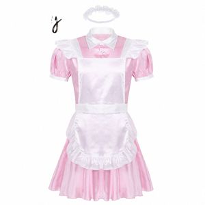 Mens Sissy Maid Costume Cosplay manica a sbuffo con volant in raso francese Apr Maid Servant Dr Set gioco di ruolo Babydoll Dr con Apr V3lI #