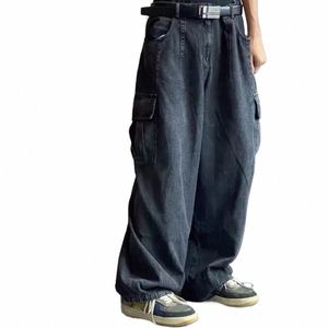 Calças de brim largas calças masculinas calças jeans preto calças de perna larga calças de brim dos homens oversize carga coreano streetwear hip hop harajuku c8qO #