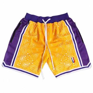 MM Masmig Yellow Paisley Los Angeles Tryckt basket shorts med blixtlåsfickor Bryant LeBr Street Style Training Pants 53k1#