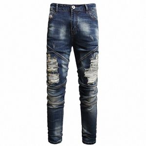 stretch Nostalgic Denim Jeans Men's Trendy Slim Wed Embroidered Design Ruined Hole Fi Party Pants Large Size 81Hq#