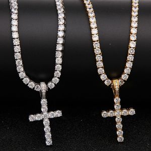 Sälj Iced Out Zircon Cross Pendant med 4mm tenniskedjans halsband Set herr Hip Hop smycken guld silver cz hänge halsla190i