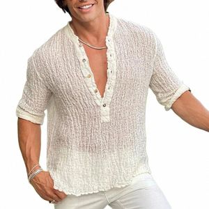 Vintage cor sólida cott linho masculino topos primavera verão casual solto meia manga bunda v pescoço camisas macias lazer camisa dos homens i7sh #