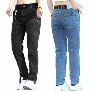 Homens Slim Stretch Jeans Multi Bolso Carga Calças Fi Streetwear Designer Skinny Masculino Denim Calças Marca Roupas Azul Preto X1Pq #
