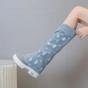 Boots 2022aUmn New Retro Fashion Denim Denim Demy High Knight Boots Женские зимние холст дышащий в британском стиле Hollow Out Boots Boots