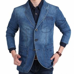 MENS Denim Blazer Men Fi Cott Vintage Suit Ytterkläder Male Blue Coat Denim Jacket Men Slim Fit Jeans Blazers 170Q#