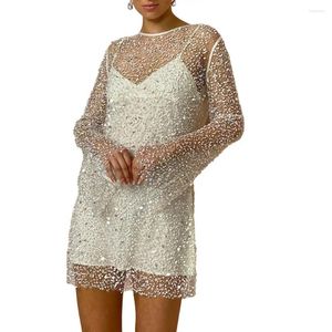 Lässige Kleider 2 Teile/satz Frauen Kleid Set Durchsichtige Mesh Pailletten Riemchen Langarm Lose O Hals Aushöhlen Party Prom