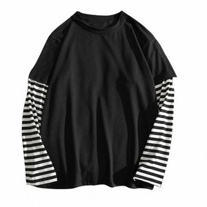 Student T-shirts Fake Two Piece Set randig LG Sleeve O Neck Simple Casual Spring Top Tee Shirts For Men School H537#