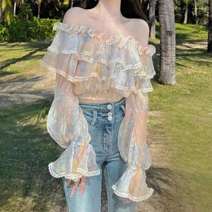 Kvinnors blusar French Style Ruffled Tops for Women Spring Summer Fairy Off Shoulder Short Chiffon Shirts flare hylsa elegant blusa