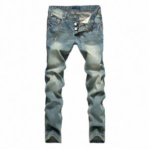 new Fi Hole Jeans Denim Men Lg Trousers Straight Ripped Distred Pants Masculino Casual Brand Simple Plus Size T909#