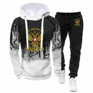 russia Badge Gold Eagle Print 2Pcs Suit Spring Autumn Men's Sweatshirt Set Spl Ink Hoodies+Tracksuit Pants Fitn Sportswear X1i0#