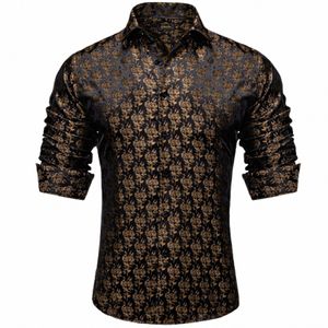 Dibangu Luxury Gold Floral Black Silk Lg Camicie a maniche per uomo Designer Casual Tuxedo Camicie Uomo Abbigliamento Camicetta m243 #