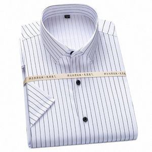 men's Summer Short Sleeve Stretch Striped Dr Shirts Standard-fit Formal Busin Wrinkle Resistant Thin Classic Basic Shirt T9Oy#