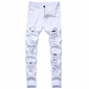 Fi Designer Повседневные белые черные рваные джинсы для мужчин Прямые облегающие эластичные джинсовые брюки Мужские спортивные брюки большого размера 63Ex #