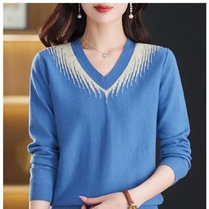 Damen Frühlings- und Herbstmode und eleganter Pullover, farbig, V-Ausschnitt, lässig, vielseitig, langärmelig, lockerer Pullover, Strickoberteile 240326