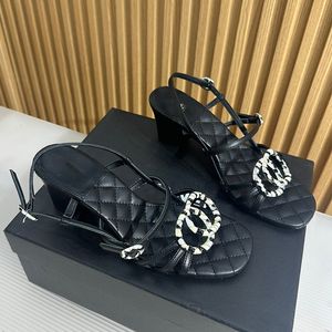 Womens Designer Sandals Cowhide Rattan Open Toes Sandal Retro Narrow Band Open Toes Chunky Heel 6cm Slingbacks Sandal Summer Dress Shoes