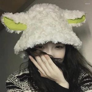 Berets Cute Lamb Ear Plush Bucket Hat Girls Autumn Winter Warm Faux Fur Sheep Ears Hats Women Thicken Bob Panama Outdoor Fisherman Cap