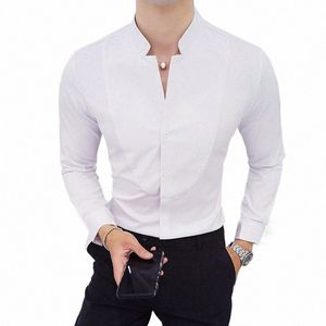 2021 Мужская рабочая рубашка для ночного клуба, однотонная, белые мужские рубашки с v-образным вырезом, высококачественная тонкая мужская рубашка для официанта в отеле B6Ec #