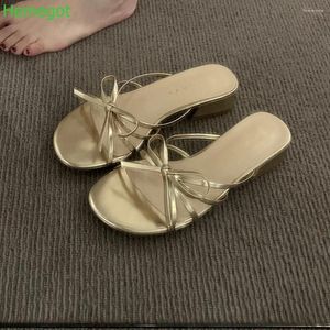 Slippers Silver/gold Bow Strap Women's Est Open Toe Thick Heel Sandals Summer Outdoor Ladies