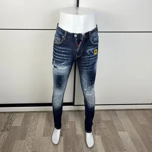 Herr jeans high street trendig mode vintage blå elastisk smal passform färgad split emblem designer hip hop varumärke byxor