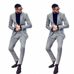 Plaid Men's Suit 2 Pieces Blazer Pants One Butt Peaked Lapel Slim Jacket Cubes Fi Tuxedo Busin Modern Wedding Groom X74Y#