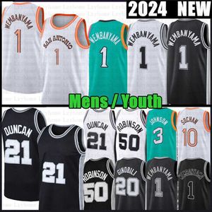 1 فيكتور Wembanyama كرة السلة القميص Mens Youth 3 Keldon Johnson David Robinson 21 City Jersey Retro Shirts 2023 2024