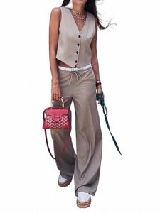 Kondala Vintage Khaki Office Lady Suit v-neck 단일 엉덩이 불매 소매 조끼 하이 허리 LG 스트레이트 바지 FI 2023 가을 H8PA#