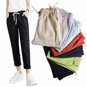 Casual Hosen Frauen Hohe Taille Frühling Sommer 2023 Leinen Cott Schwarz Khaki Knöchel Länge Harem Solide Kordelzug Damen Bleistift Hose W7ia #