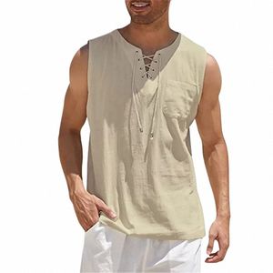 men's Tank Tops Solid Color Cott Linen Shirts Tie-in Collar Sleevel Shirts Summer V-neck Vest Breathable Casual Simple Tops k8Jg#