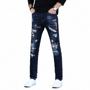 Fi Men's Blue Embroidery Ripped Jeans Autumn New Slim Fit Cott Denim Pants v4pk＃