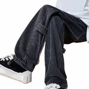 men Streetwear Jeans Retro Stil Jeans Vintage Breites Bein männer Jeans mit Reißverschluss Dekor Einfarbig Taschen Streetwear Stil Weiche T4LF #