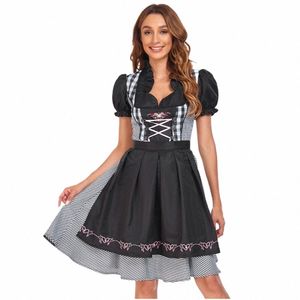 Kvinnor Black Plaid Dirndl Dr Oktoberfest Costume German Bavarian Traditial Beer Wench Maid Set Cosplay Halen Party Dr V3GT#