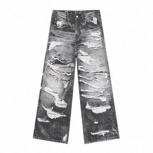 hi Street VIntage Ripped Distred Jeans Pants Loose Sreetwear Blue Denim Trousers For Male Black Spring Autumn i1wf#