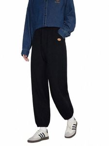 Dushu 4% Wool Women Casual Beige Sweatpants Tie-up Design Black Thicken Warm Commuter Byxor Elastisk midja Sportstil Pant Q5vz#