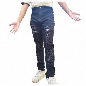 casual Brand Fi Jeans For Men Slim Fit Design Black Hip Hop Men Jeans Biker Ripped Casual Yellow Knee Hole Denim Pants G1fE#