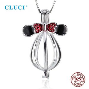 Cluci 925 Söt musformade charm för kvinnor halsband 925 Sterling Silver Pearl Cage Pendant Locket SC049SB285S