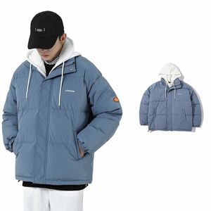 Männer Gefälschte Zweiteilige Cott Jacke Winter Lose Verdickte Kleidung Hg KG Stil Trendy Streetwear Brot Service Parka Mantel 09CZ #