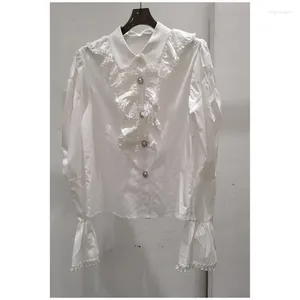 Camicette da donna Pieghe alla moda Dolce legno Orecchio Patchwork Maniche svasate Camicia monopetto Sciolto e versatile