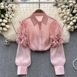 Bluzki damskie wiosna letnie frezowanie marszczyków elegancka koszula kobieta lapel długie rękawy moda kobieta szczupła impreza elegancka bluzka