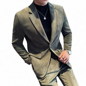 Autumn Winter Thicked Woolen Suit 2 Pieces Men's Wedding Tuxedos Fi Slim Fit Formal Busin Social Dr Jacket+Pants K5HX#