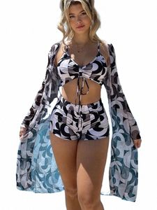 Bandage High midjebikini Set Cover Up Baddräkt för kvinnor Push Up LG Sleeve Three Pieces Swimwear Beach Bathing Suits Y22M#