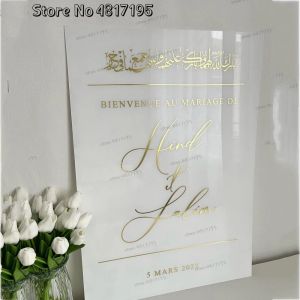 Adesivos bienvenue au mariage de entrada sinal personalizado nomes franceses decalque de vinil adesivo árabe nikkah sinal noivado decoração do casamento