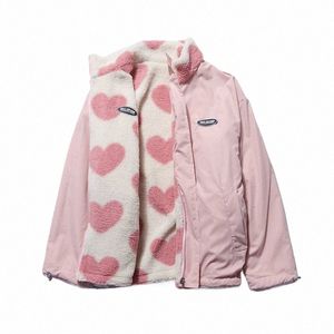 double-sided heart shape design lamb plush women's coat cott clothes 2022 winter m windproof jacket street Y2K clothing v2Um#