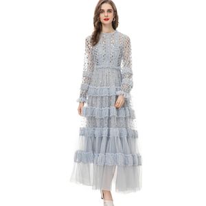 Women's Runway Dresses O Neck Long Sleeves Embroidery Tired Ruffles Layered Dots Elegant Prom Party Gown