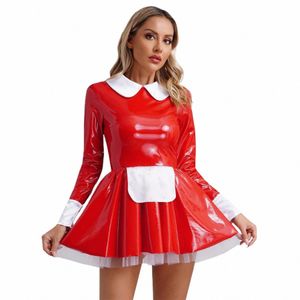 Women Shiny Pvc skórzany kostium francuskiego pokojówki LG Sleeve Apral Maidservant Dr Halen Cosplay Party Fancy Dr up v6lg#