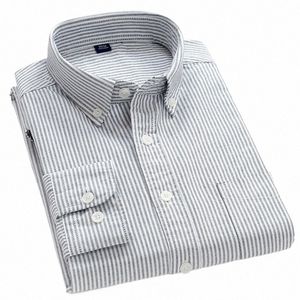 Ny 100% Cott Oxford Shirt Men's LG Sleeve Striped Plaid Casual Shirts Korean kläder Högkvalitativ Busin Dr Shirt Gray P05R#