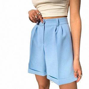 Zhymihret Blue Elegant High midjedräkt Shorts Women 2023 Summer Casual Solid Wide Leg Bermuda Shorts With Pockets Y01S#