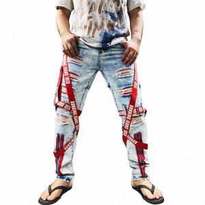 2022 vibe stil lappband hål rippade punk män smala jeans byxor dragkedja hiphop vintage blyerts denim byxor pantal homme k7x4#