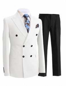 2 stycken gentleman dubbelbröst topp lapel blazer mens kostym med byxor formell vit beige jacka för bröllop brudgummen tuxedos q6vx#